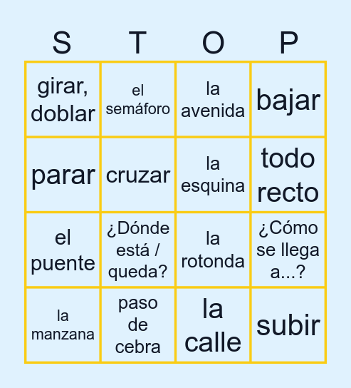 Cómo dar direcciones Bingo Card