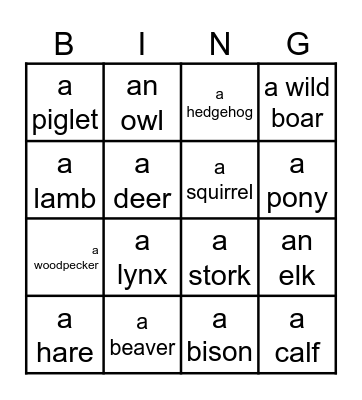 Animals Bingo Card