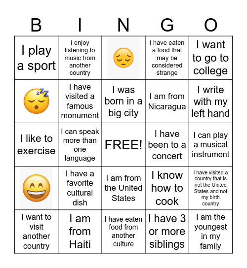 Multicultural Bingo Card