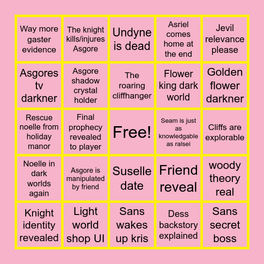 Deltarune Ch. 5 Prediction Bingo Card