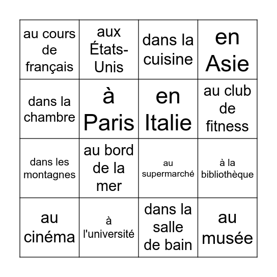 Le pronom "y" Bingo Card