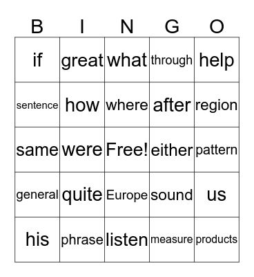 Fluency Bingo Card