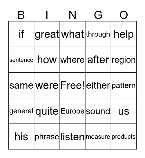 Fluency Bingo Card