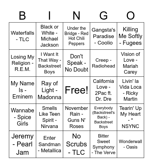 90's Music Bingo Card