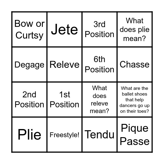 Ballet Bingo Card