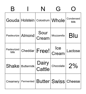 Dairy Bingo Card