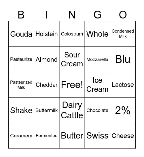 Dairy Bingo Card