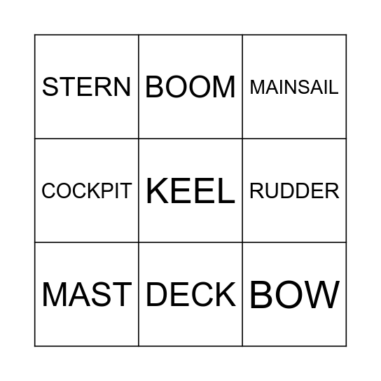 Parts of the Sailboat Bingo Card