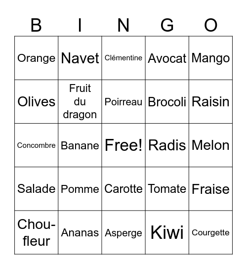 FRUITS ET LEGUMES Bingo Card