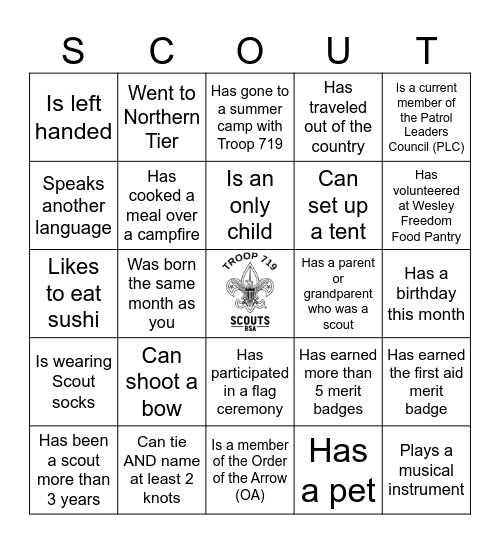 Troop 719 Icebreaker Bingo! Bingo Card
