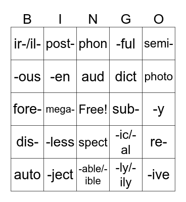 Affix Review Bingo Card