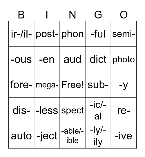 Affix Review Bingo Card