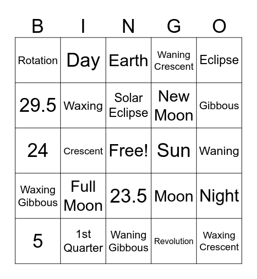 Moon Phases and Eclipses Bingo Card