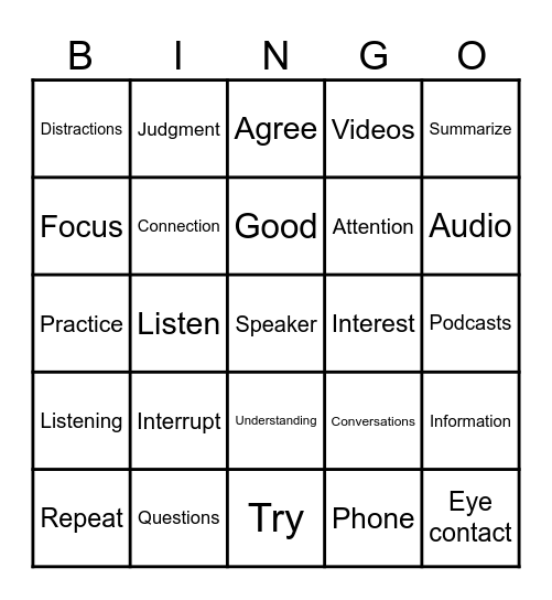 Listening bingo Card