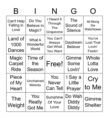 60s Music Bingo Round 2 Bingo Card