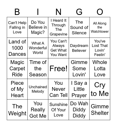60s Music Bingo Round 2 Bingo Card