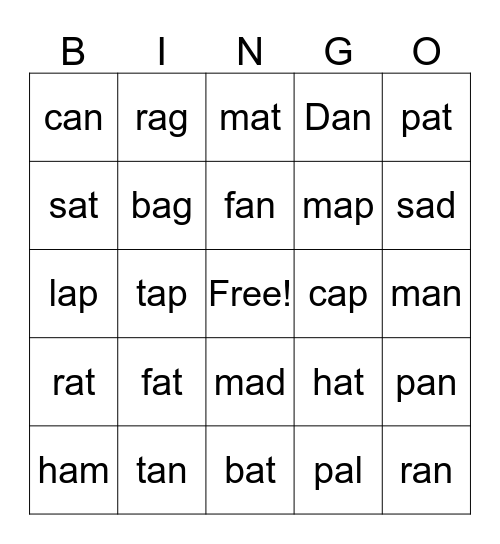 word families - short a Bingo Card