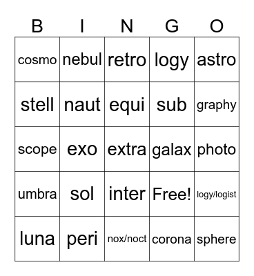 Outer Space Morphemes Bingo Card