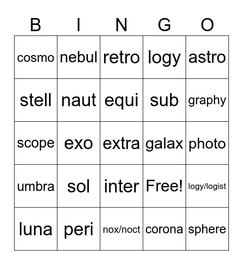 Outer Space Morphemes Bingo Card