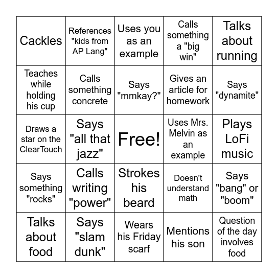 Mr. Melvin Bingo Card