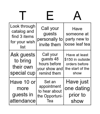 Steeping the Good Life Bingo Card