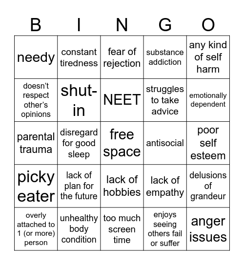 true mentally ill bingo Card