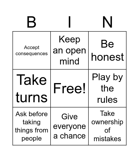 Fairness BINGO Card