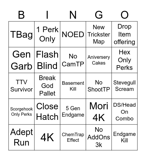 DBD Singularity Only Bingo Card