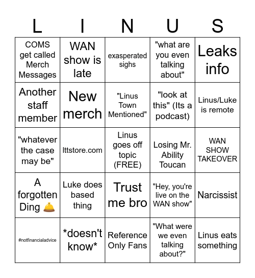 WAN SHOW BINGO Card
