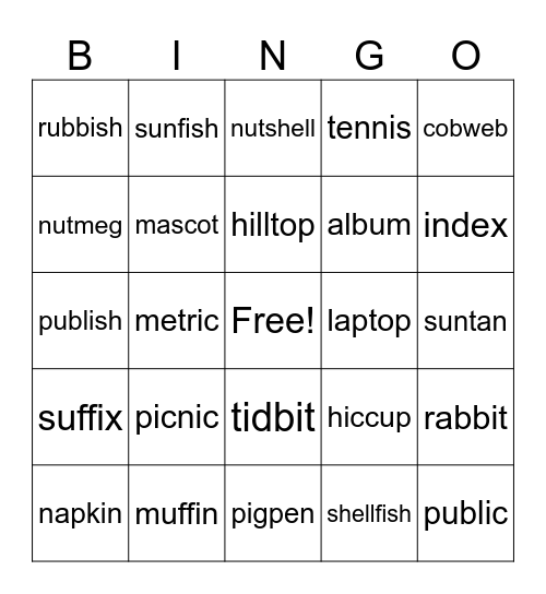 Mixed syllable types 1 Bingo Card