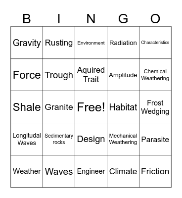 Science Vocabs Review Bingo Card