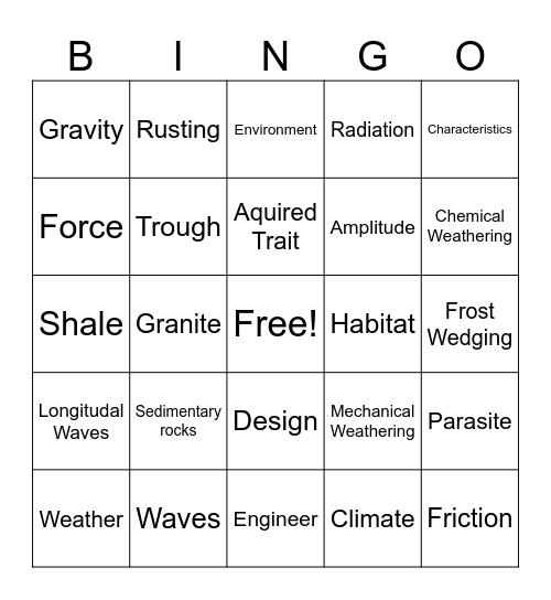 Science Vocabs Review Bingo Card