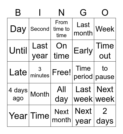 Time Vocabulary Bingo Card