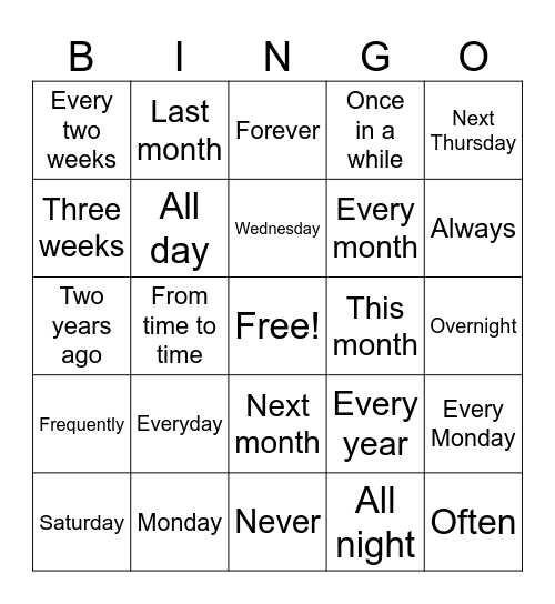 More Time Vocabulary Bingo Card