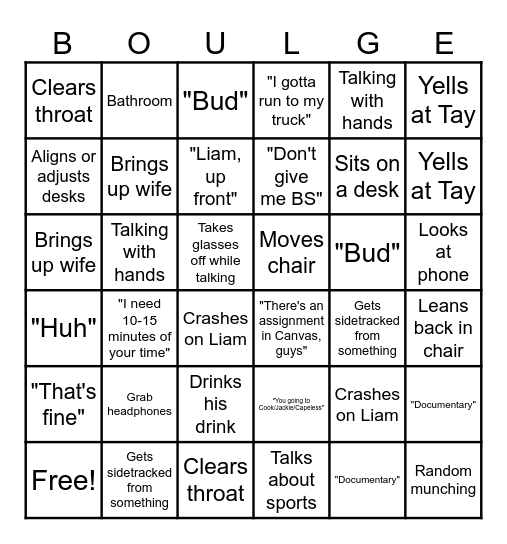 Boulger Bingo Card
