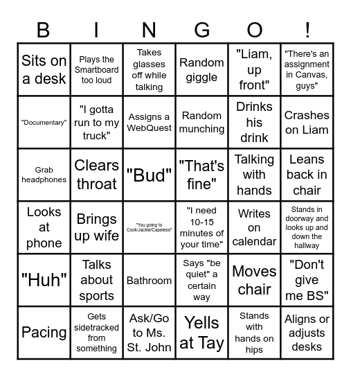 Boulger Bingo Card