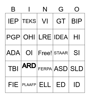 SpEd Acronymns Bingo Card