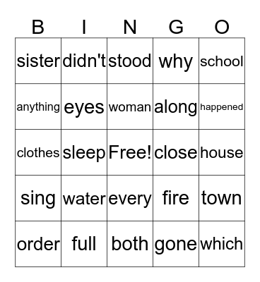 Word Bingo O Bingo Card