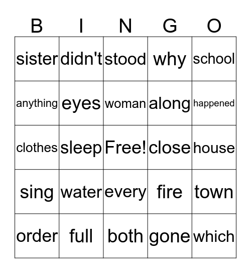 Word Bingo O Bingo Card