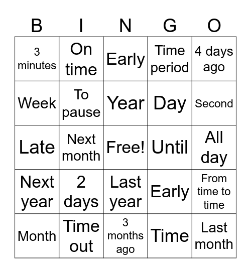 Time Vocabulary Bingo Card