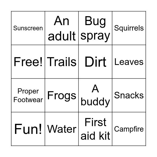 Trail Adventure Bingo Card