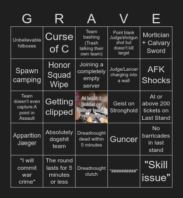Grave/Digger "Average Server" Bingo Card