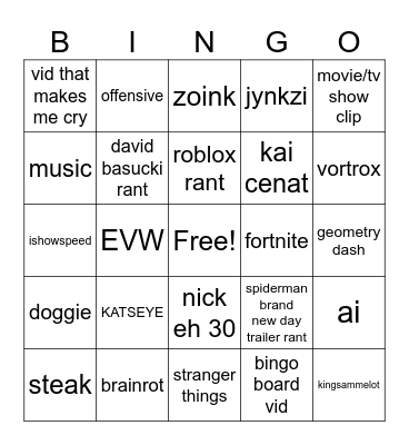 YOUTUBE SHORTS Bingo Card