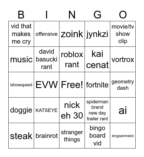 YOUTUBE SHORTS Bingo Card
