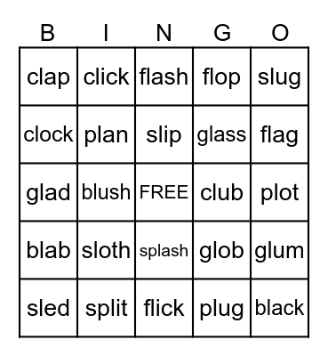 Beginning L Blends Bingo Card
