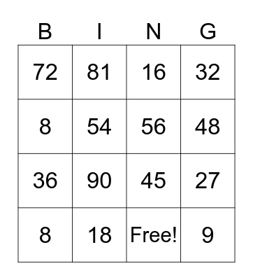 8 and 9 Times Tables Bingo Card
