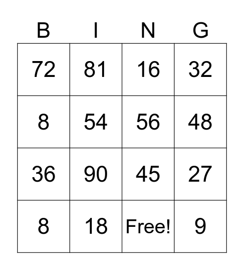 8 and 9 Times Tables Bingo Card