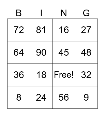 8 and 9 Times Tables Bingo Card