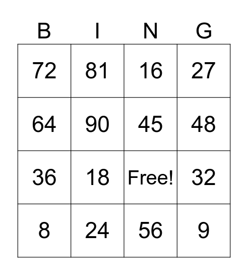 8 and 9 Times Tables Bingo Card