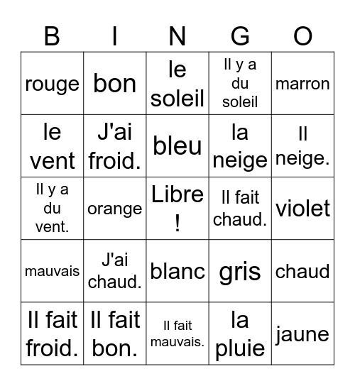 La météo Bingo Card